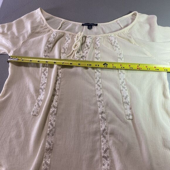 AMERICAN EAGLE Womens Scoop Keyhole Tassel Tie Embroidered 3/4 Sleeve M Cream - Picture 5 of 11